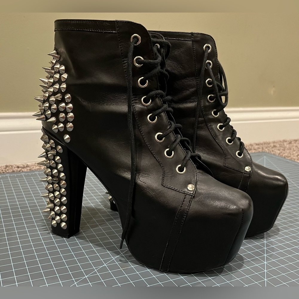 Jeffrey Campbell Black Leather Spiked Lita Platform Boots Women’s 10